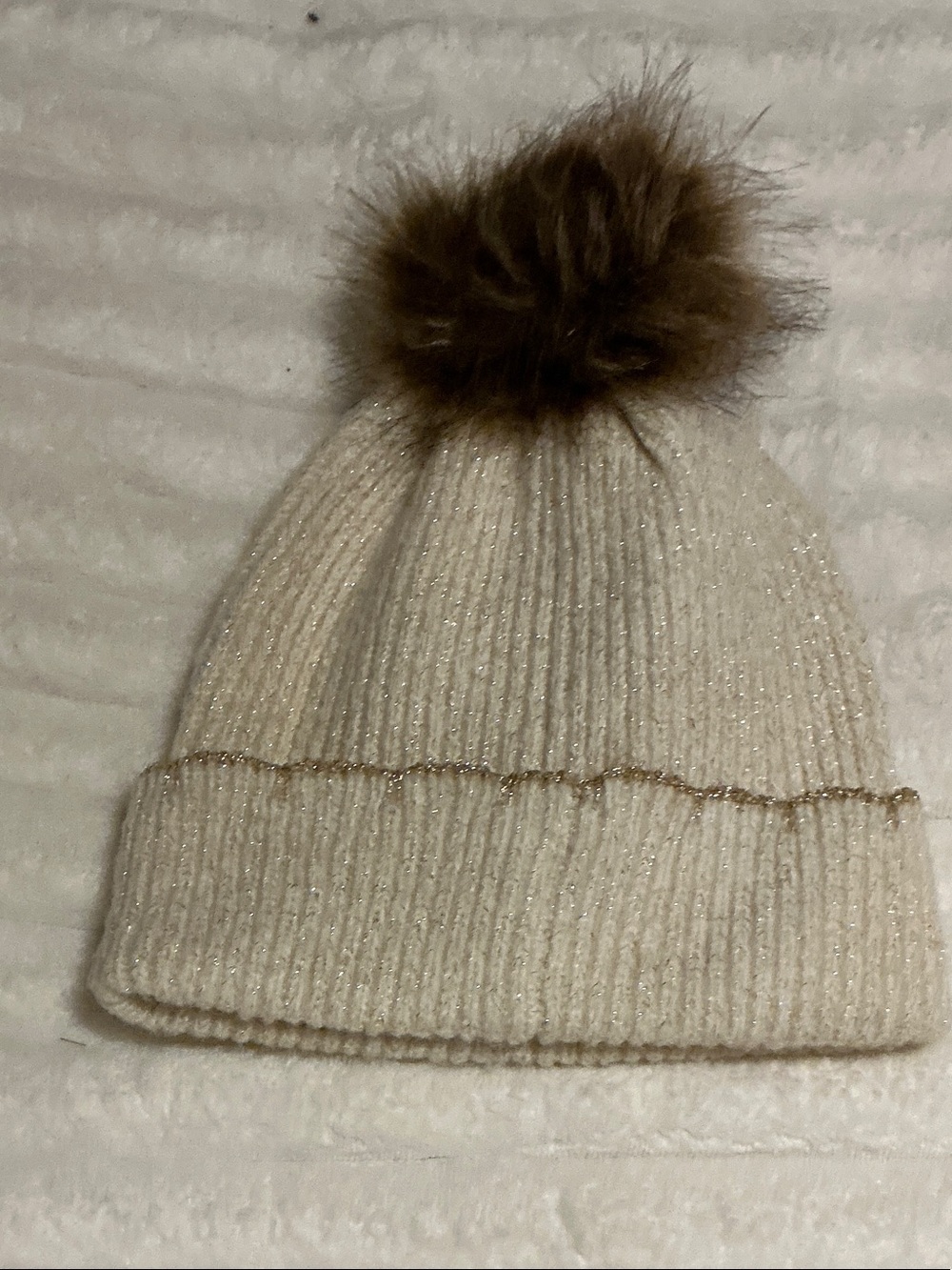 LC Lauren Conrad Cream Knit Beanie with Brown Faux Fur Pom